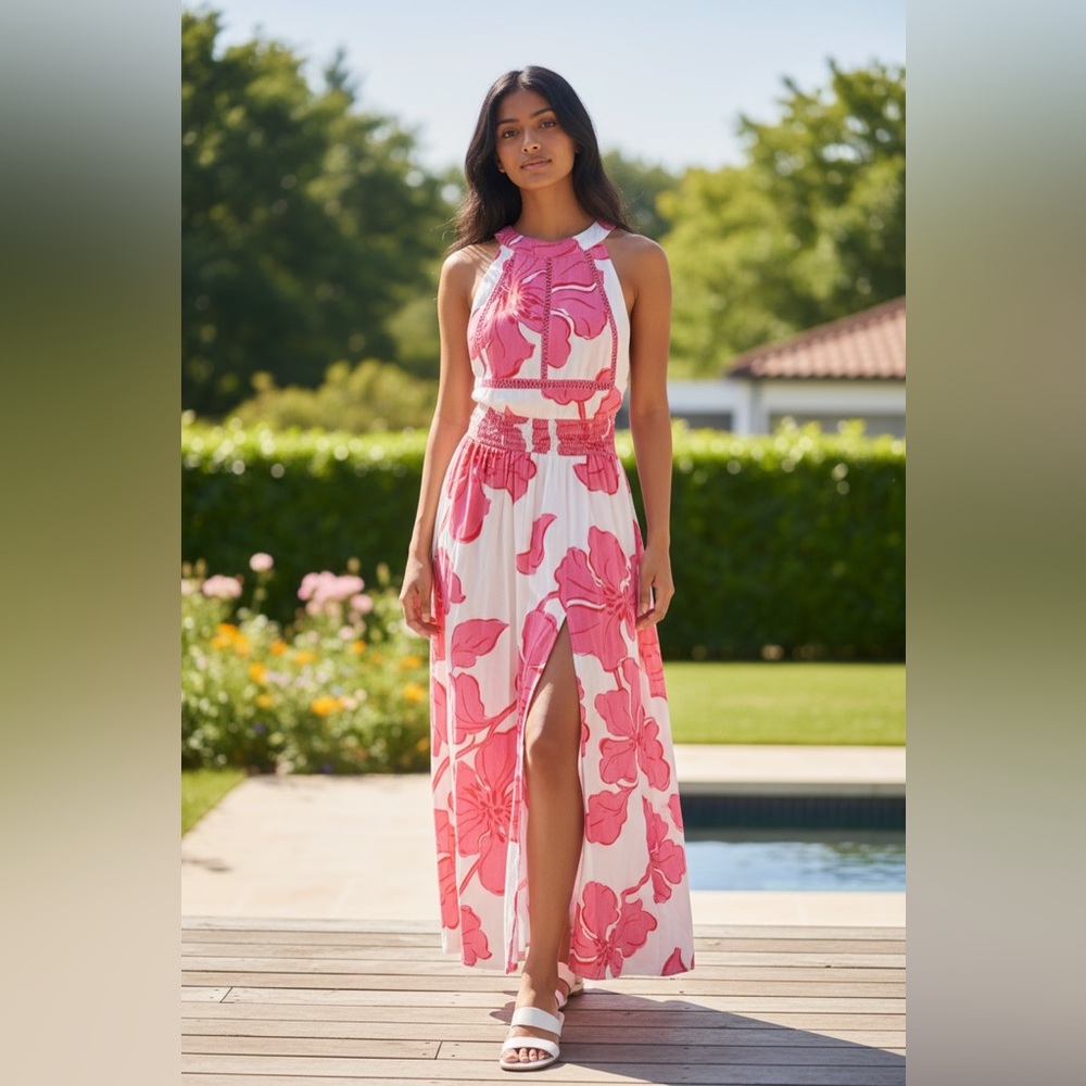 Pink Floral Halter Maxi Dress – Summer Vacation Resort size medium